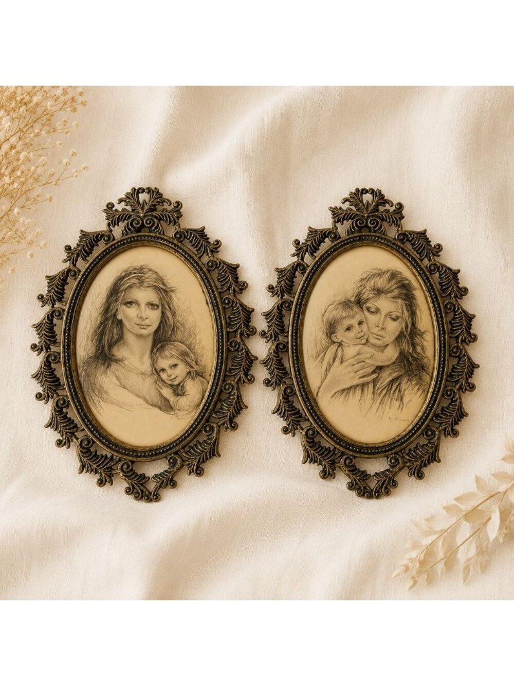 Vtg Giuseppe Tarantino La Maternita Mother Child Art Pair Ornate Brass Frames
